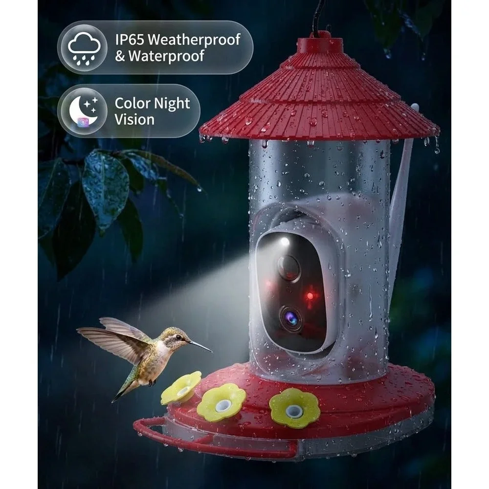 LongPlus Smart Hummingbird Feeder G01 Red Solar Powered Camera 20oz Ant Proof
